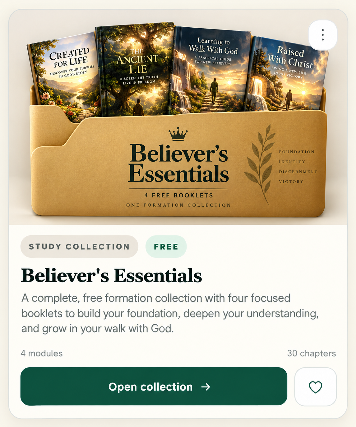 Believer's Essentials collection folder holding the four free booklets